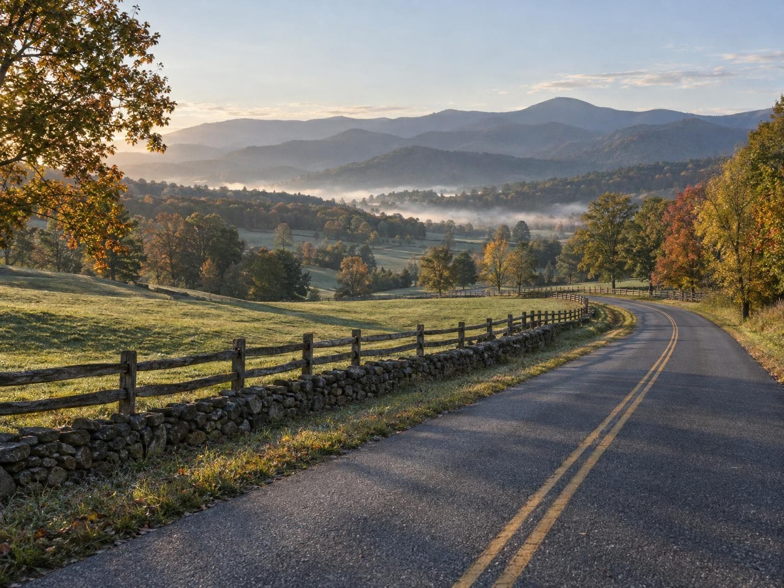 A two-lane road through the Virginia Blue Ridge in early morning